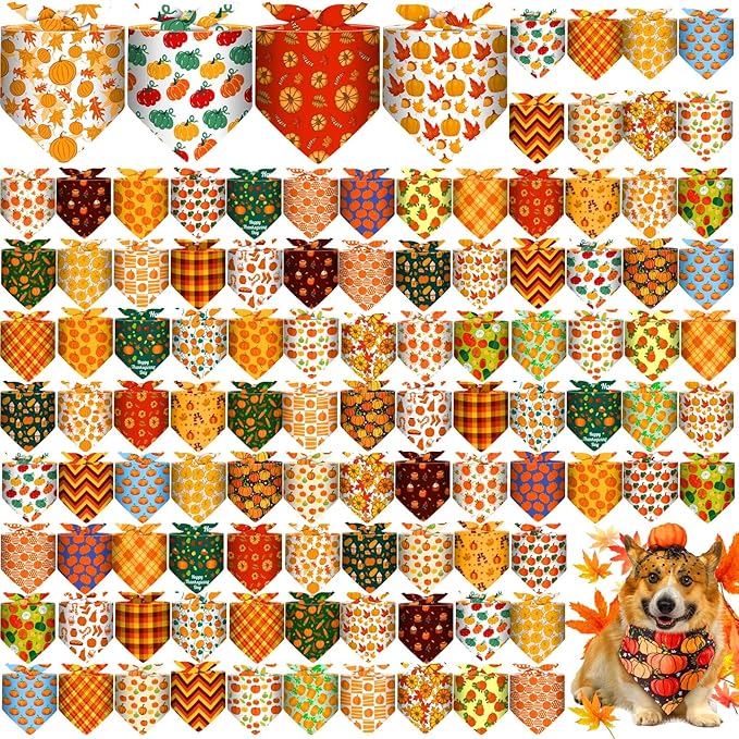 Sanwuta 120 Pcs Thanksgiving Fall Bandanas for Dogs Bulk Pumpkin Maple Leaf Triangle Dog Bandana Autumn Washable Pet Scarves Adjustable Bibs for Small and Medium Pets, 30 Styles