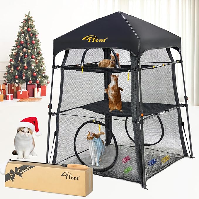 Automatic Pop-Up Cat Enclosure|3-Tier Cat Tent|Cat Cage|Outdoor Catio with Patent,Breathable Portable & Foldable, Stable Structure for Indoor/Outdoor, Free Teaser Wand,Friendly Connectable playpen