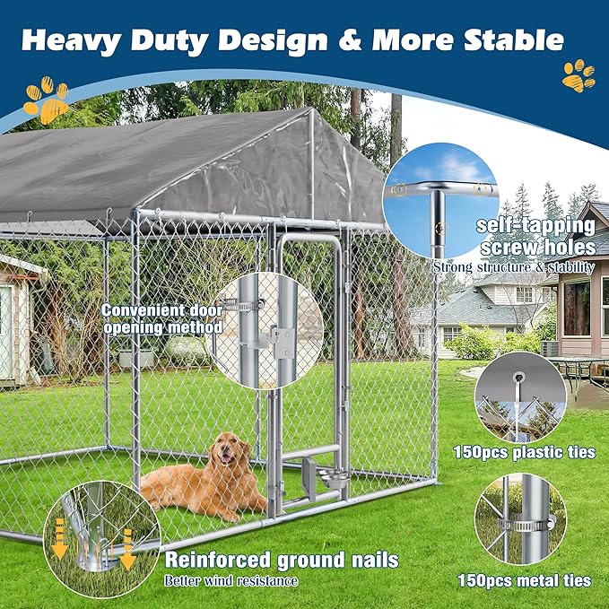 10×10×7 FT Outdoor Dog Kennel with Roof, Dog Enclosure w/Rotating Feeder, Large Heavy Duty Dog Run Playpen w/2 Stainless Bowls, Galvanized Pet House w/Secure Lock, Waterproof Cover