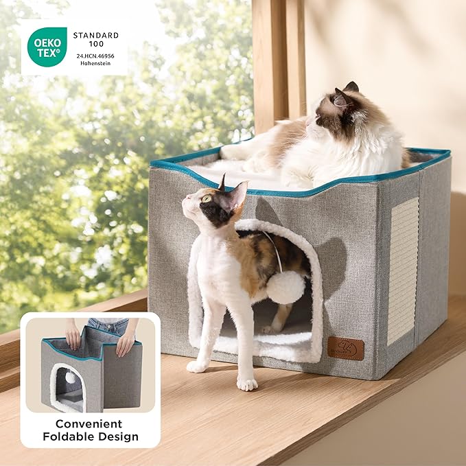 Bedsure Cat Beds for Indoor Cats - Large Cat Cave for Pet Cat House with Fluffy Ball Hanging and Scratch Pad, Foldable Cat Hideaway, 16.5x16.5x13 inches, Black
