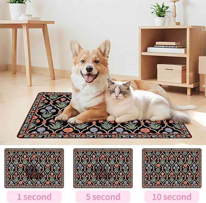 Pet Feeding Mat 24 x 16 Inch, Black Floral Pet Placemat Absorbent Quick-Dry for Food and Water, Waterproof Non Slip Rubber Bowl Pad Mat for Floors