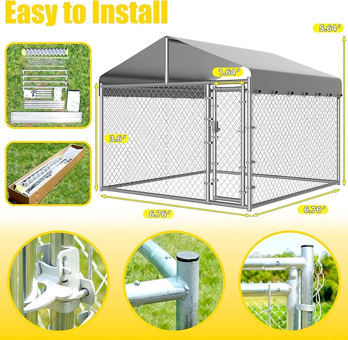 Dog Kennel Outside with Roof, Large Dog Run Enclosure, Outdoor Heavy Duty Pens House Pet Playpen with Galvanized Chain Link Waterproof Cover and Secure Lock(6.76'Lx6.76'Wx5.64'H)