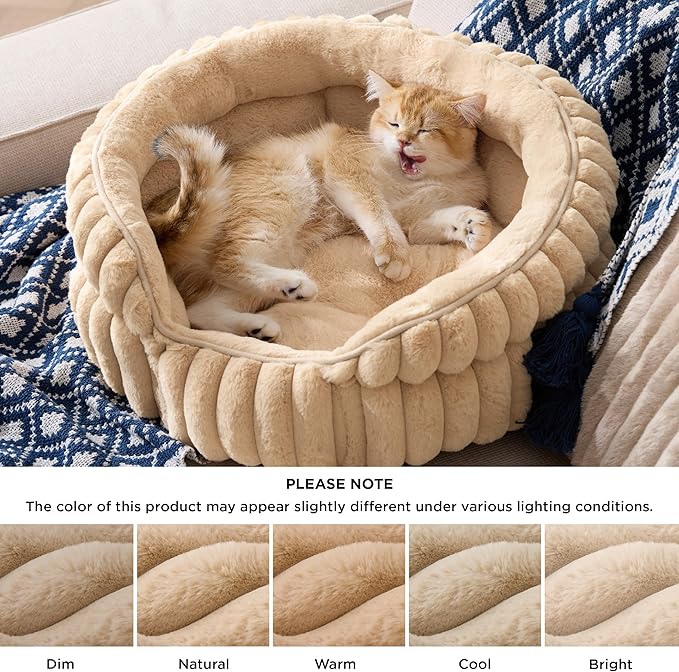Bedsure ComfyFleece™ Cat Bed, Washable Round Cute Cat Beds for Indoor Cats, Super Soft Corduroy Pet Bed for Puppy and Kitten with Anti-Slip Bottom, 23''x23''x8.5'', Sandy Beige