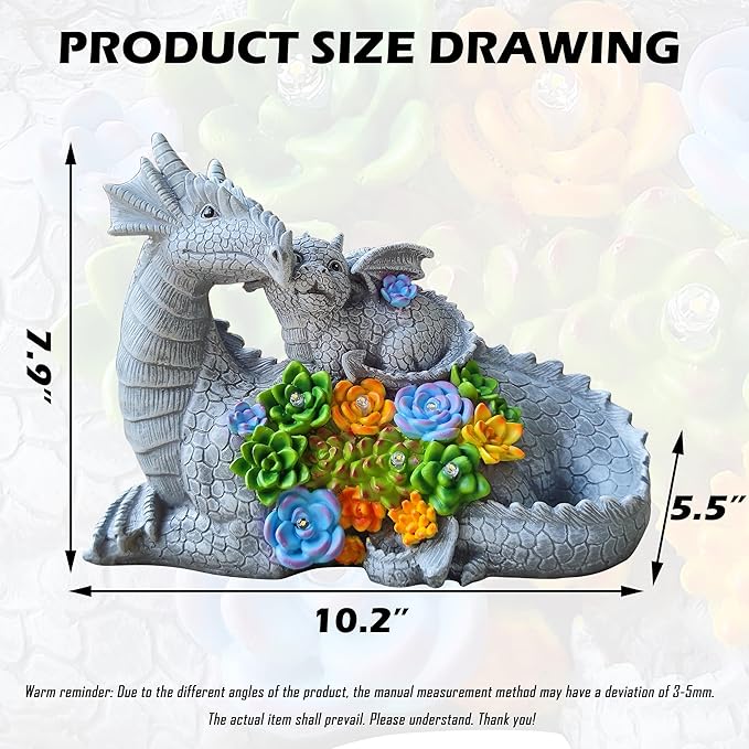 Dragon Solar Garden Statues Outdoor Decoration with Succulent and 6 LED Lights,Dragon Figurine Solar Lights Lawn Décor,Outside Statue Ornament for Patio, Balcony, Yard,Unique Gift for Mom