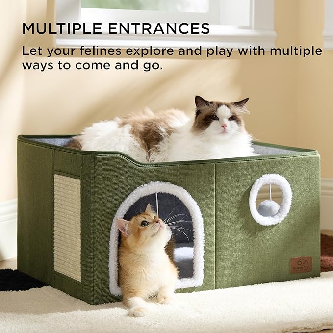 Bedsure Large Cat Beds for Indoor Cats - Extra Wide Cat Cube House for Small Pet with Fluffy Ball Hanging and Scratch Pad, Foldable Pet Cave Hideaway for Multiple Cats, 23.6x16.9x13 inches