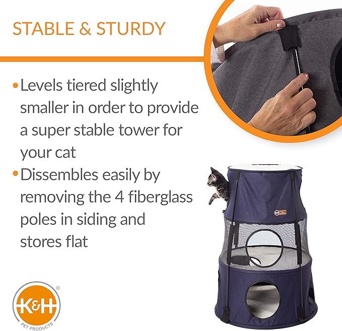K&H Pet Products Cat Tower Tree Condo for Multiple Large Indoor Cats, Modern Cute Multi-Level Hammock Bed, Kitten & Adult House Activity Cave Large Cozy Hideaway - 3 Level Denim 22 X 30in