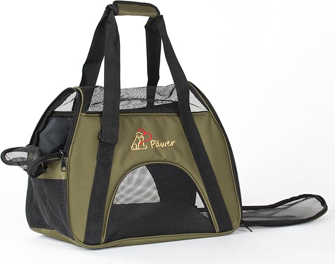 Pawer Soft-Sided Pet Carrier for Cat and Small Dog,Olive Color,Medium Size,Washable 600D Oxford Cloth Airline Approved Travel Tote,with 2 Mesh Opens and a Strap for Carry,Multiple Colors Available