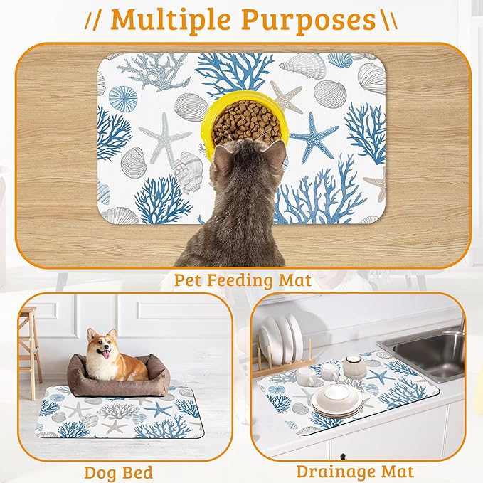 Seashell Beach Feeding Mat,Coral Starfish Absorbent Quick-Dry Cat Dog Food and Water Bowl Mats,Non-Slip Rubber Backing Mat,Cat Dog Accessories Supplies 12" x 20"