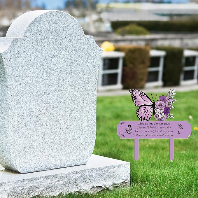 Grave Decorations for Cemetery Memorial, Metal Memorial Garden Stakes for Loss of Mother Father Loved Ones, Purple Plaques Markers for Cemetery Humans Outdoor Yard