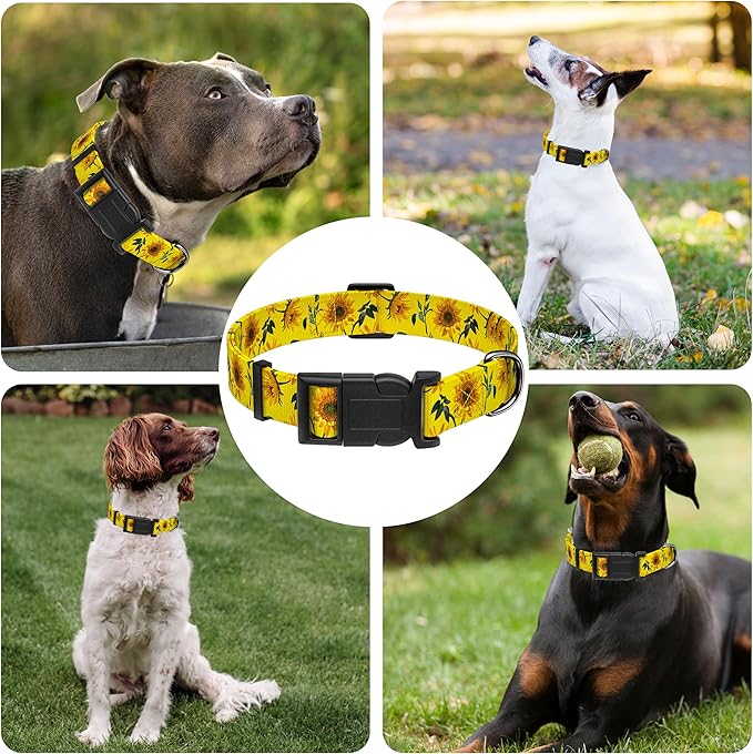 Dog Collar, Floral Boys Girls Puppy Collar for Small Medium Large Dogs, Adjustable Soft Pet Collar with Safety Buckle for Male Females (Yellow Sunflower, M)