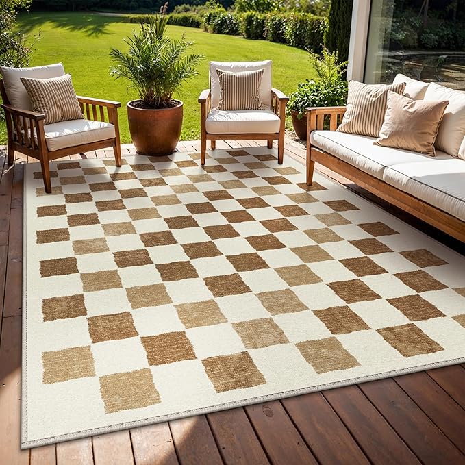 GENIMO Outdoor Rug for Patio Clearance, 8'x10' Reversible Plastic Straw Rugs, Lightweight Waterproof RV Camping Mat for Camper, Balcony, Deck, Backyard, Picnic, BrownBeige