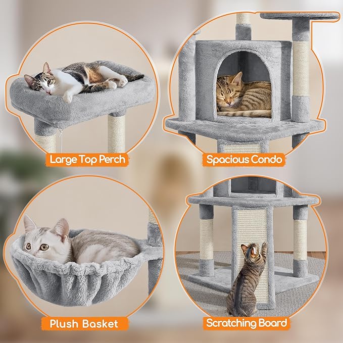 Yaheetech Cat Tree, 42in Cat Tower for Indoor Cats, Pet House with Large Perch & Scratching Posts & Cozy Condo & Scratching Ramp, Cat Activity Center Furniture, Light Gray