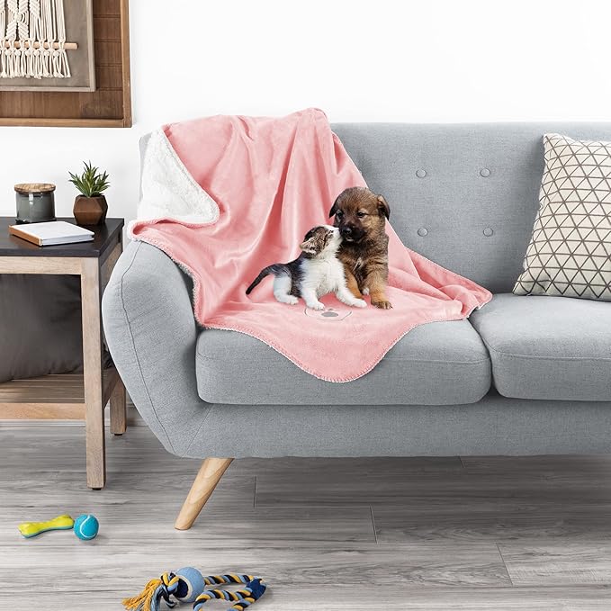 Waterproof Pet Blanket - 30x40-Inch Reversible Sherpa Fleece Throw Protects Couches, Cars, and Beds from Spills, Stains, and Fur by PETMAKER (Pink)