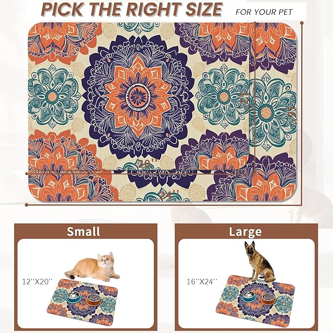 Mandala Flower Dog Cat Food Mat,Vintage Boho Floral Absorbent Pet Feeding Mat with Rubber Backing,Non-Slip Water Bowl Placemat,Indoor Pet Accessories Supplies 12"x20"