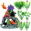 MyLifeUNIT Fish Tank Decorations, 7 Pieces Aquarium Plants Set with Coral Reef Decoration Mountain Cave Ornament for Betta, Goldfish, Shrimp to Breed, Play and Rest (Green)
