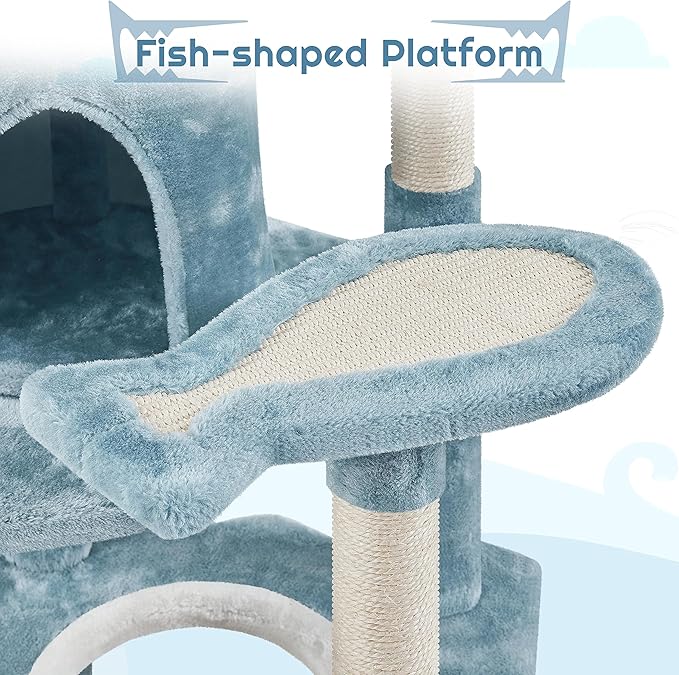 Yaheetech 61in Tall Ocean-Themed Cat Tree, Multi-Level Cat Tower with Shark's Mouth-Shaped Nest, Fish-Shaped Platform, Sisal Scratching Posts, Plush Pet Bed Furniture as Kitty Activity Center