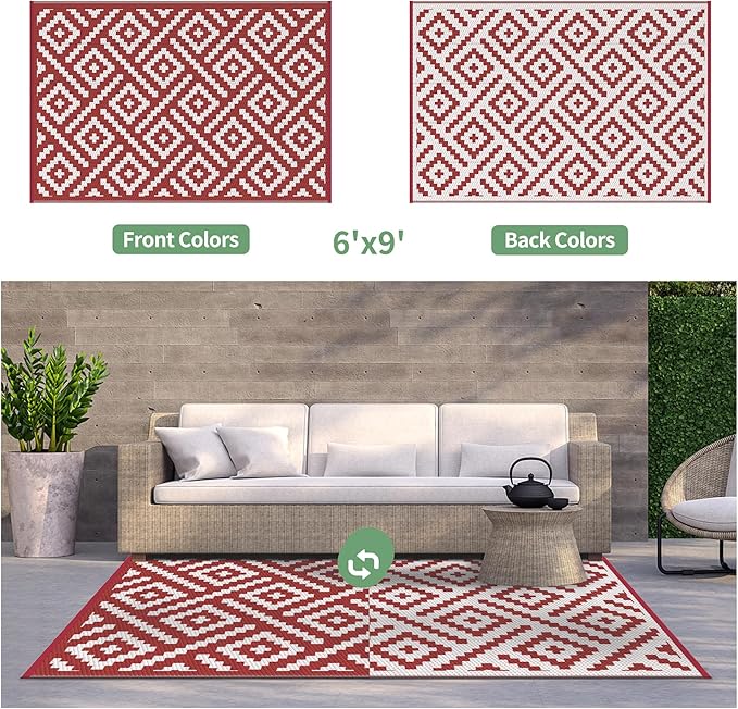 GENIMO Outdoor Rug for Patio Clearance, 6'x9' Reversible Plastic Straw Rugs, Lightweight Waterproof RV Camping Mat for Camper, Balcony, Deck, Backyard, Picnic, Red White