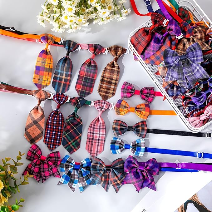 Reginary 100 Pieces Dog Bow Tie Collar Set Include 40 Dog Neckties, and 30 Puppy Bowties, 30 Collar Flowers, Adjustable Pet Ties Grooming for Small Medium Cats Pets Supply(Plaid)
