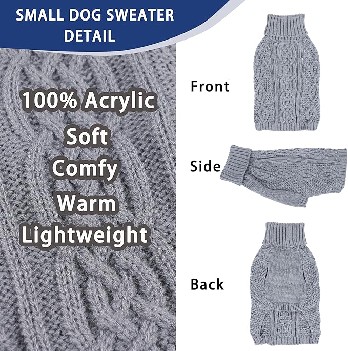 Dog Sweaters Small Dog Clothes Winter Turtleneck Puppy Sweater Warm Pet Cat Sweater Doggy Pullover Outfit with Twisted Design XS~XL(Grey, X-Large)