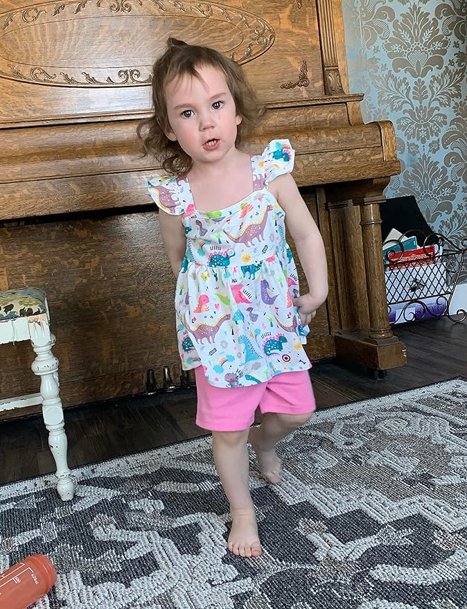 Toddler Baby Girls Summer Clothes Outfits Ruffled Sleeve Dinosaur Shirt Leopard Tops and Shorts Pants Sets 2PCS