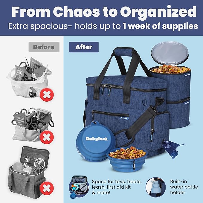 The Original Doggy Bag™ - Complete Dog Travel Bag for Supplies with 2 BPA-Free Travel Dog Bowls & 2 Pet Food Containers - Traveling Kit for Road Trips, Camping, Weekend Away or Doggy Gift: Navy