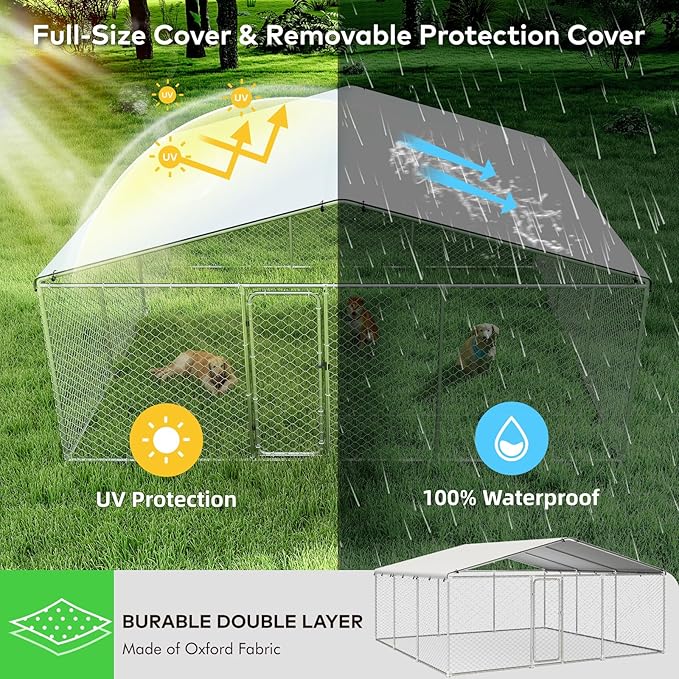15'x15' Large Outdoor Dog Kennel, Heavy Duty Dog Enclosure with Roof, Weather Resistant Cover and Security Lock(183"x183")