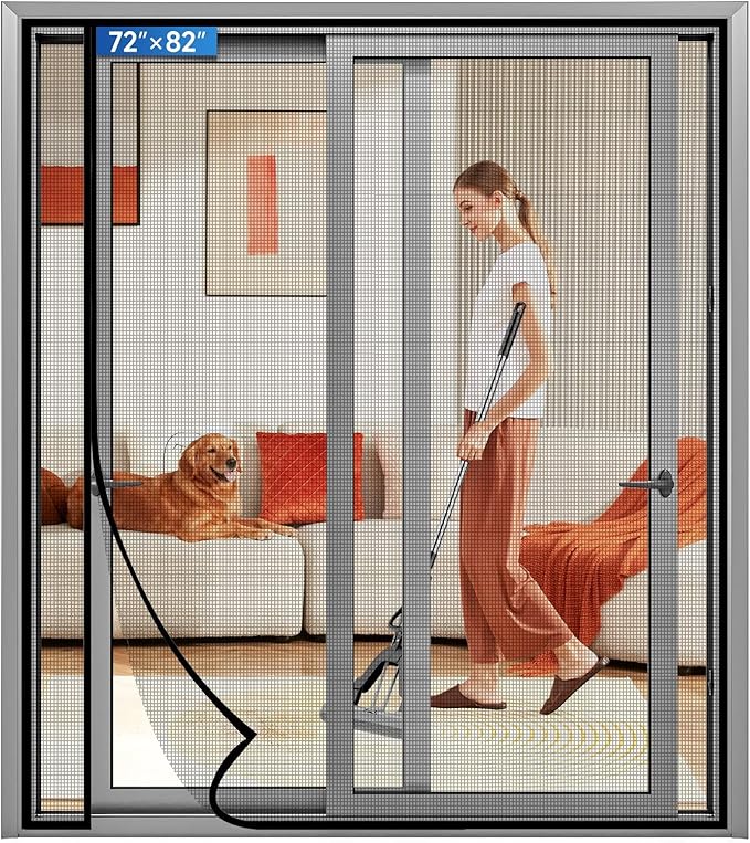 Magnetic Screen Door Left Right Side Opening Upgraded PET Mesh Greater Than Fiberglass and Polyester,Keep Bugs Out,Pet & Kid Friendly,Suitable for Sliding Doors,Patio French Doors-72" X 82"