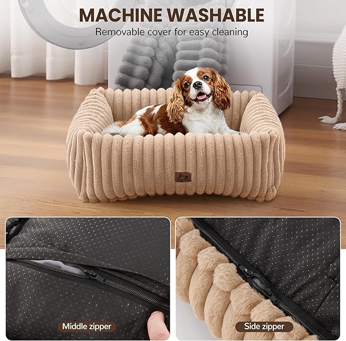 Washable Dog Bed for Small Medium Dogs - Rectangle Orthopedic Corduroy Fleece Pet Bed with Removable Cover and Nonskid Bottom, Calming Puppy Bed Soft Pet Sofa, Camel(25x21x7inchs)