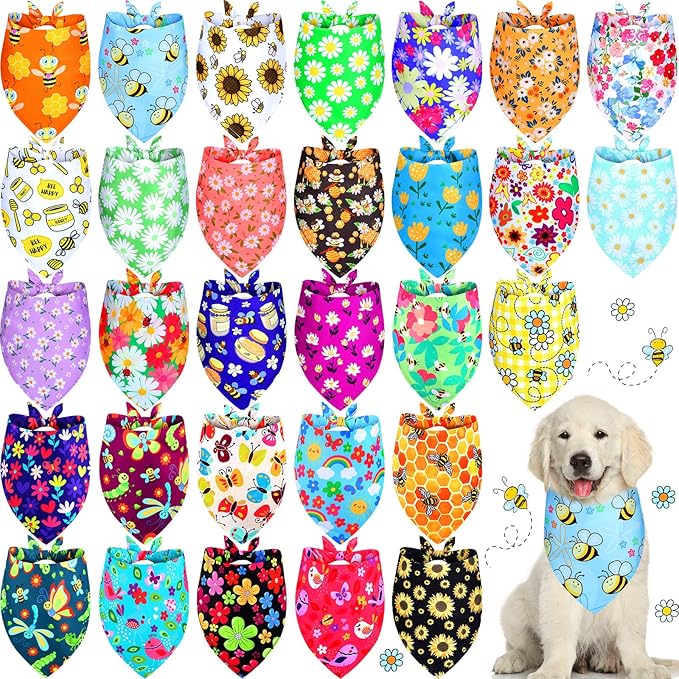 Eccliy 30 Pack Flower Dog Bandanas Bulk Summer Soft Triangle Dog Scarfs Polyester Bandana Pet Costume Cute Scarf Bibs with Flowers Patterns for Small Medium Large