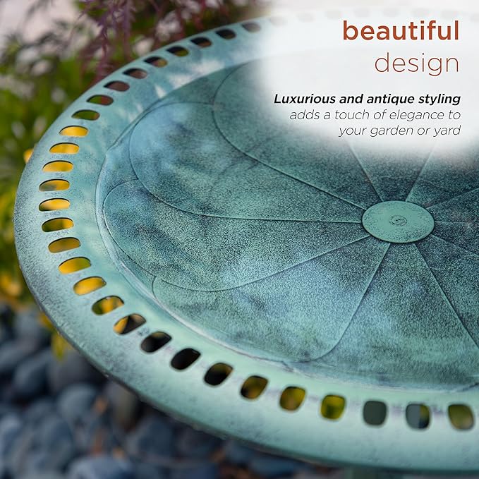 Alpine Corporation TEC116 Outdoor Aged Green Pedestal Birdbath with Scrollwork, 28" Tall, Green