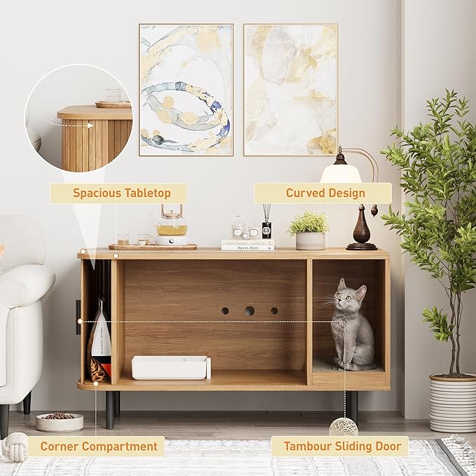 Cat Litter Box Enclosure with Cat Scratch Pad, Sliding Door, 37.4" Litter Box Enclosure Furniture Hidden Litter Box, Modern Indoor Cat House, TV Stand, Side End Table for Living Room, Natural