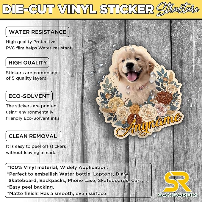 Custom Pet Face Photo Name Floral Sticker Personalized Text Image Animal Flower Decal Waterproof Vinyl Decal for Water Bottles Tumbler Laptop Hard Hat Car Kindle Gifts for Girl Boy
