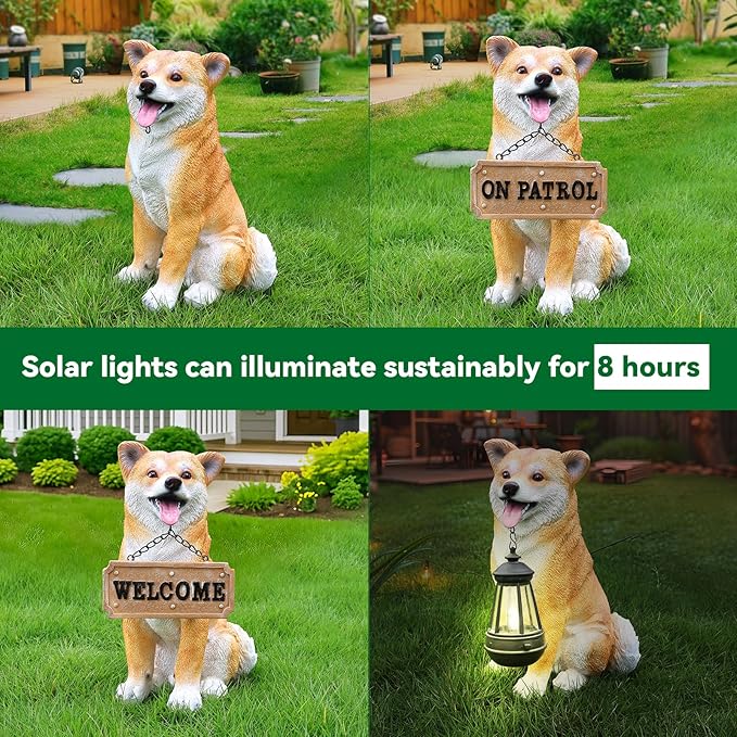 Akita Statue Outdoor Decorations – Dog Statues Outdoor Sitting Akita with Hanging Solar Light and Welcome Sign with Replaceable Solar Light & Welcome Sign for Porch Décor