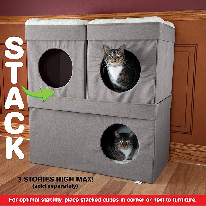 Kitty City Large Stackable Cat Condo & Cube House, Modular Indoor Cat Furniture with Plush Washable Beds, Collapsible Cat Cave & Lounging Ottoman, Tan