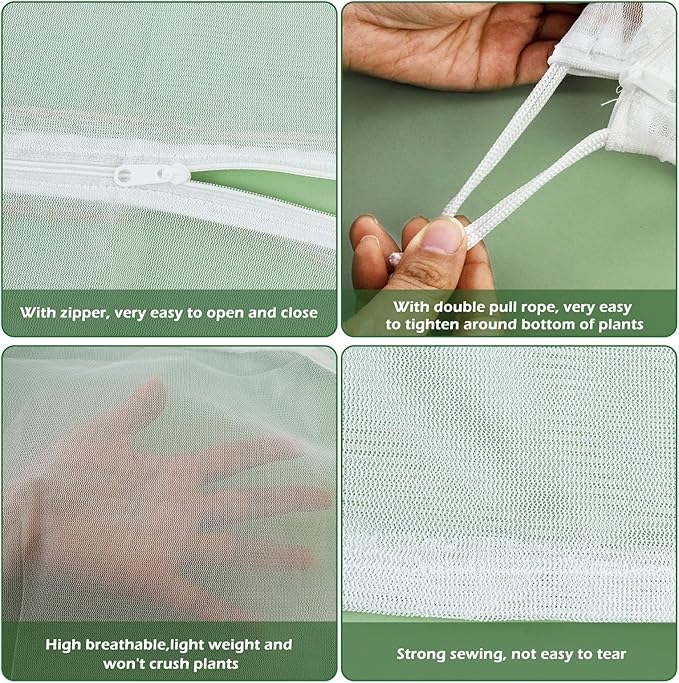 3Pcs Plant Covers from Insects, Bird Netting Barrier for Blueberry Bushes with Drawstring Zipper Mesh Garden Netting Fruit Tree Bags Plants Net Cage for Protect Tomato Vegetable Citrus, 3.3×5Ft