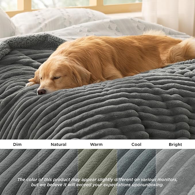 Bedsure ComfyFleece™ Waterproof Dog Blankets for Large Dogs - Soft Pet Cat Blanket Corduroy Fleece for Bed Protector Washable, Cozy Calming Reversible Furniture Protection,60"x80", Warm Grey