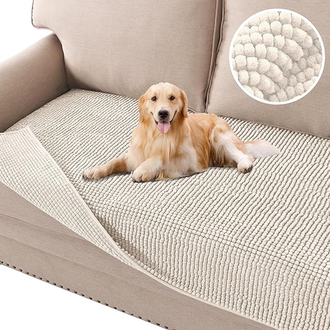 H.VERSAILTEX Plush Chenille Dog Bed Cover Thick Soft Sofa Cover for 3 Cushion Couch Anti Slip Couch Cover Furniture Protector for Dog, Pet, Cat (35" x 74", Ivory)