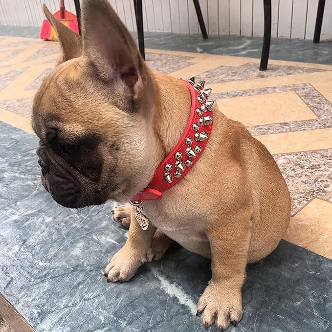 TEEMERRYCA Adjustable Microfiber Leather Spiked Studded Dog Collars with a Squeak Ball Gift for Small Medium Large Pets Like Cats/Pit Bull/Bulldog/Pugs/Husky, Red, XL 17.7-20.5 inches