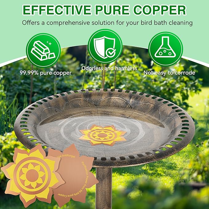 Saillong 4 Pack Bird Bath Copper Disk, Reinforced 99.99% Pure Copper Bird Bath Purification Disk for Physical Clean Water, Birdbaths Cleaner for Outdoor Birdbaths, Bowl and Garden Fountain (Petal)