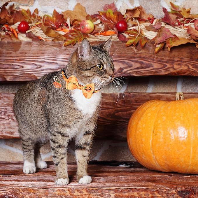 ADOGGYGO Halloween Cat Collars with Bow Bell, Breakaway Kitten Collar with Bowtie Pumpkin Ghost Halloween Collar for Girl Boy Cats Kittens