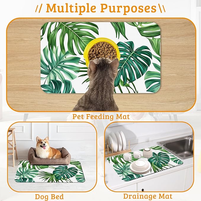 Dog Bowl Mat,Leaves Pet Feeding Mat for Floors Waterproof,Tropical Palm Absorbent Dogs Placemat for Food and Water Quick Dry Pet Cat Feeding Mats with Non Slip Bottom 16" x 24"