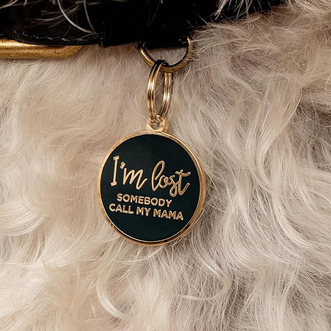 Two Tails Pet Company Dog Tags Personalized “I'm Lost, Somebody Call My Mama” Pet ID Tag - Laser Engraving, Customizable Dog Name Tag, Brass & Enamel