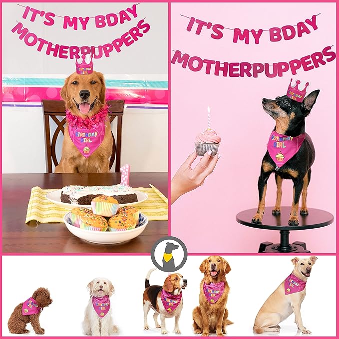 Dog Birthday Party Supplies - Bday Decoration Set - Birthday Girl Bandana for Medium, Large Dogs, Party Hat, Crown and Cute Banner with It's My Birthday Mother Puppers Sign