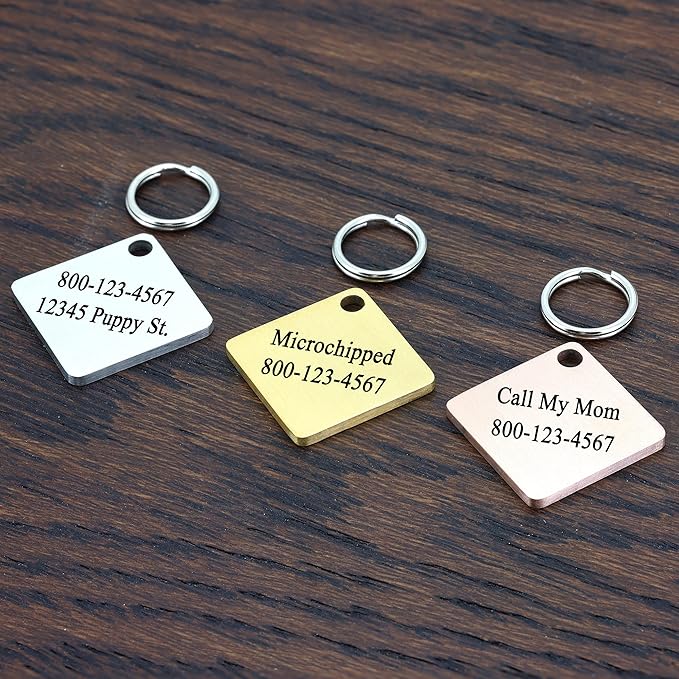 Ultra Joys Cat ID Tag Personalized Pet Tags, Durable Stainless Steel Small Pet Mini Dog Cat Tag Lightweight -Diamond Tag in Silver