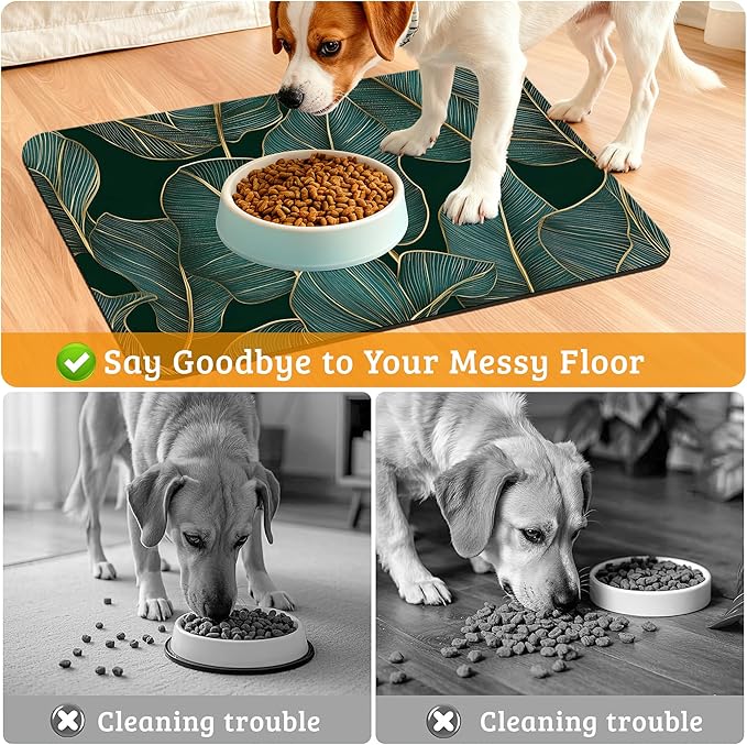 Tropical Palm Feeding Mat,Green Leaves Absorbent Quick-Dry Cat Dog Food and Water Bowl Mats,Non-Slip Rubber Backing Mat,Cat Dog Accessories Supplies 16" x 24"