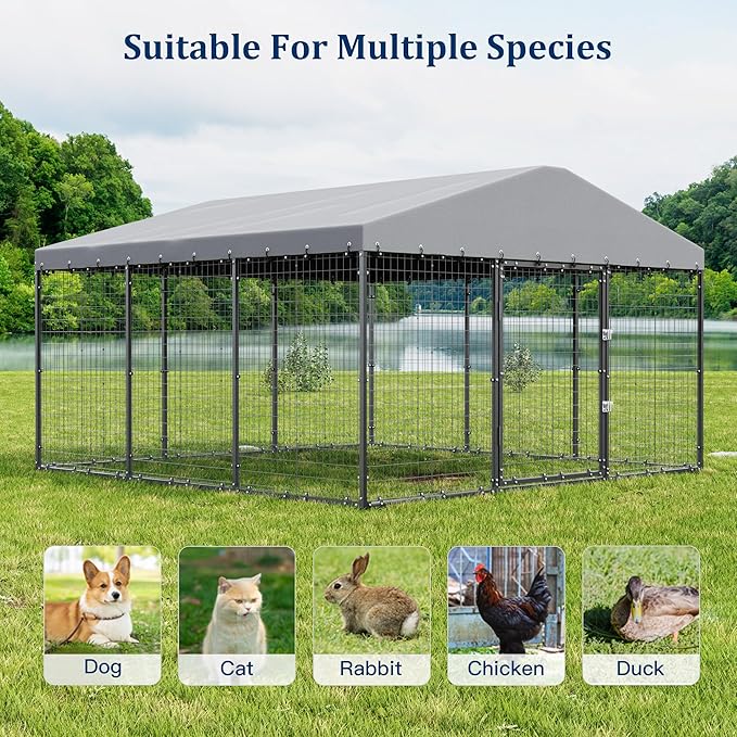 Kullavik 10x10x6 FT Large Outdoor Dog Kennel,Anti-Rust Galvanized Steel Dog Pen with Double Locks,Heavy Duty Dog Enclosure Fence with UV & Water Resistant Roof Cover for Outside