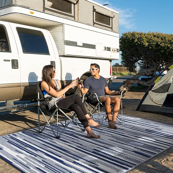 GENIMO Outdoor Rug for Patio Clearance, 6'x9' Waterproof Camping Mat, Reversible Plastic Straw Rugs for RV, Camper, Balcony, Backyard, Picnic, Deck (Blue White)