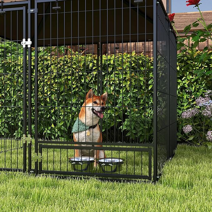 PawHut Outside Dog Kennel, 4.6' x 4.6' x 5' Puppy Play Pen with Canopy, Garden Playpen Fence Crate Enclosure Cage Rotating Bowl, for Dogs, Chickens, Ducks, Black