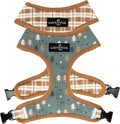 Lucy & Co. Take a Hike Reversible Dog Harness - Best Designer Pet Harnesses for XS - XL Dogs - Padded Adjustable Vest for Easy Walking (X-Small, Neutral Brown Plaid with Blue Trees)