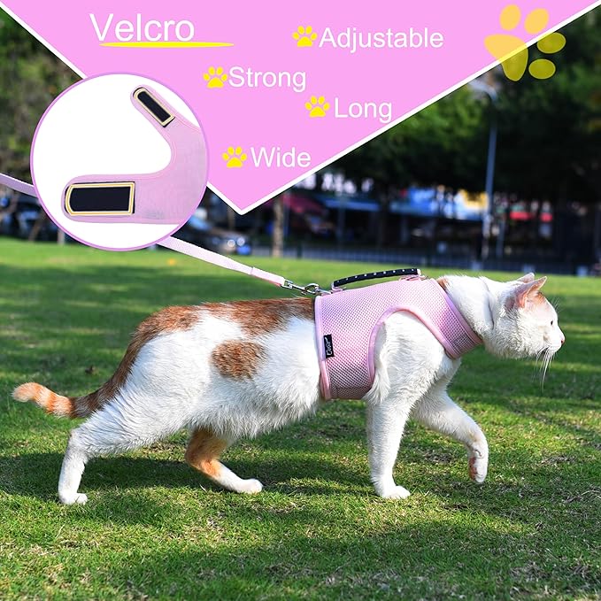 Cat Harness and Leash for Walking Escape Proof Breathable Mesh Fabric, Solid Pink, Medium, Adjustable Cat Walking Jackets with Handle, Padded Stylish Cat Vest